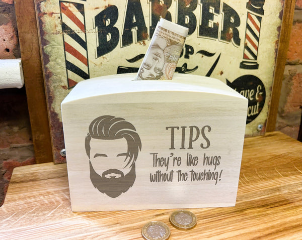Barber Shop Tips Like Hugs Wooden Money Box